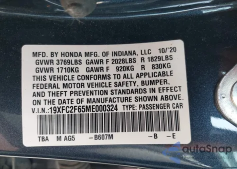2021 Honda Civic Lx z USA, uszkodzony, nr VIN 19XFC2F65ME000324